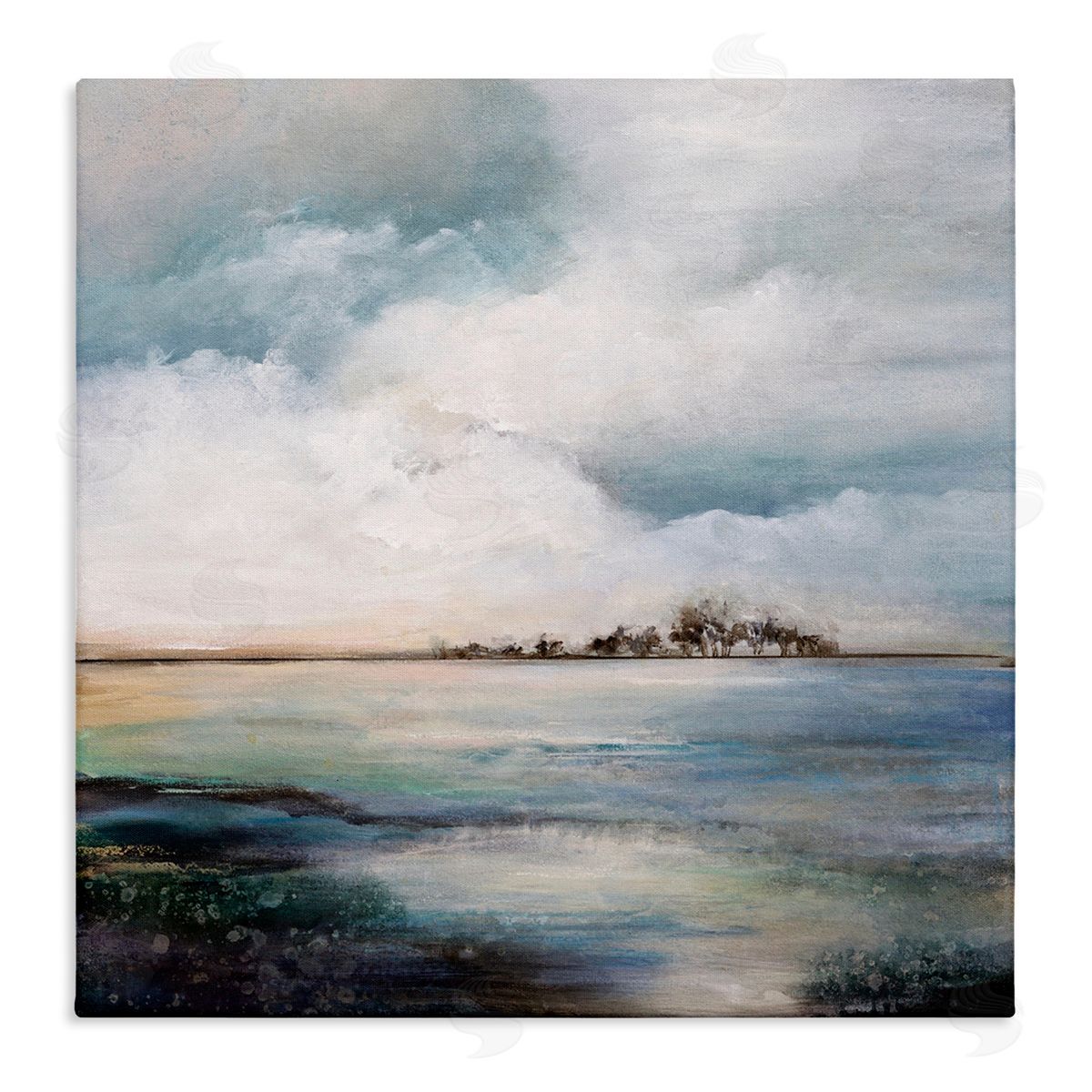 Karen Hale Mellow Island Landscape Deep Dark Waters Cloudy Sky Stretched Canvas Wall Art Print