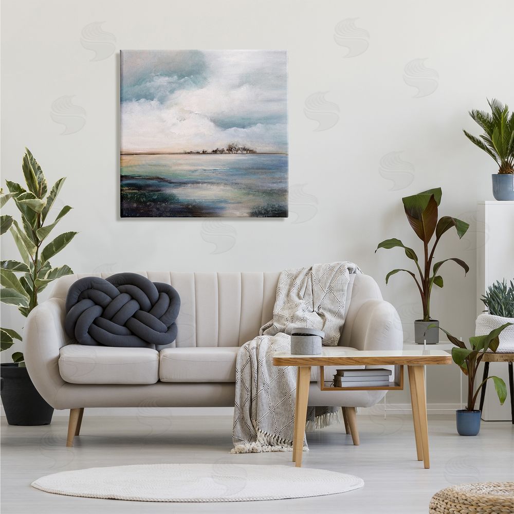 Karen Hale Mellow Island Landscape Deep Dark Waters Cloudy Sky Canvas Wall Art in Room