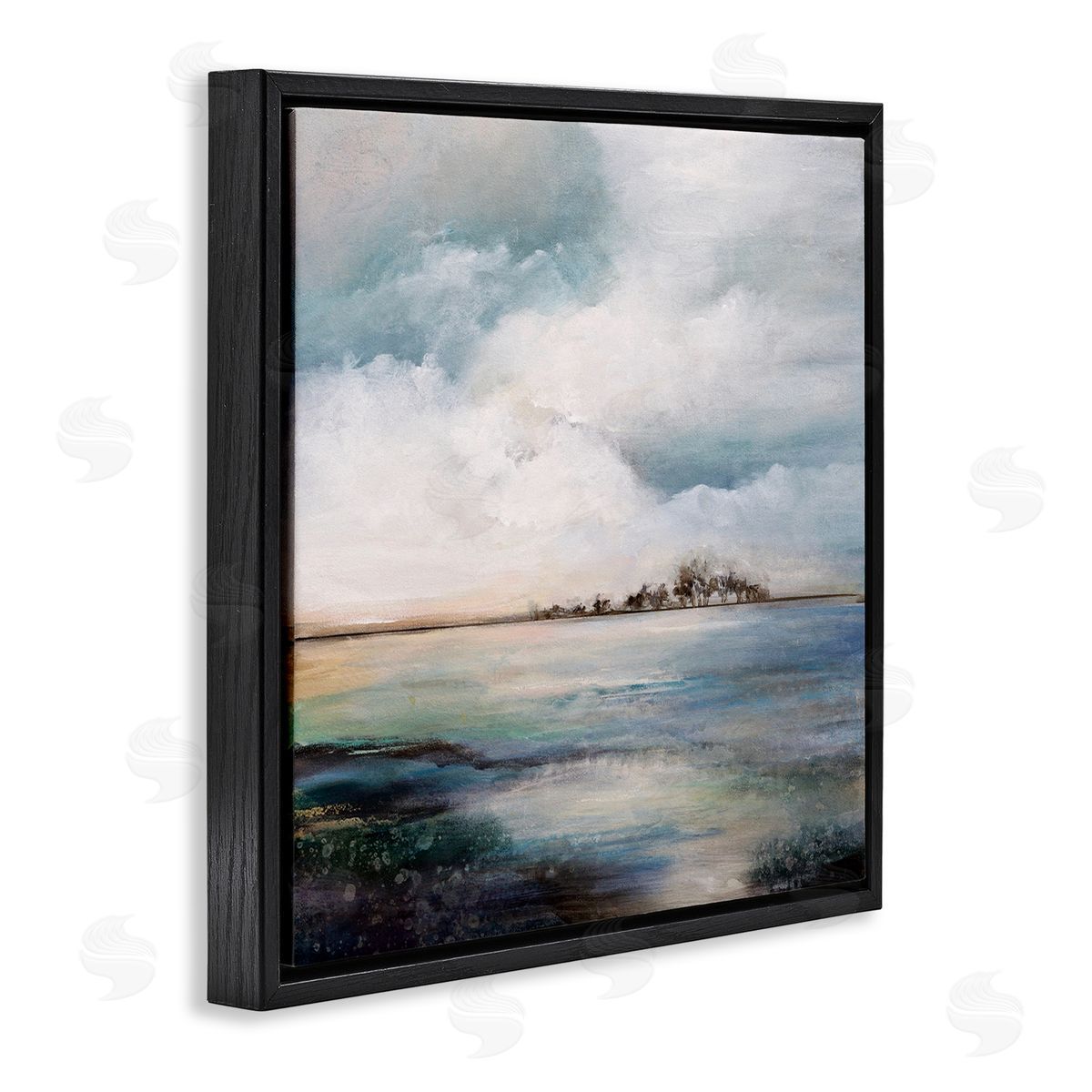 Karen Hale Mellow Island Landscape Deep Dark Waters Cloudy Sky Black Floating Frame Canvas Wall Art Print