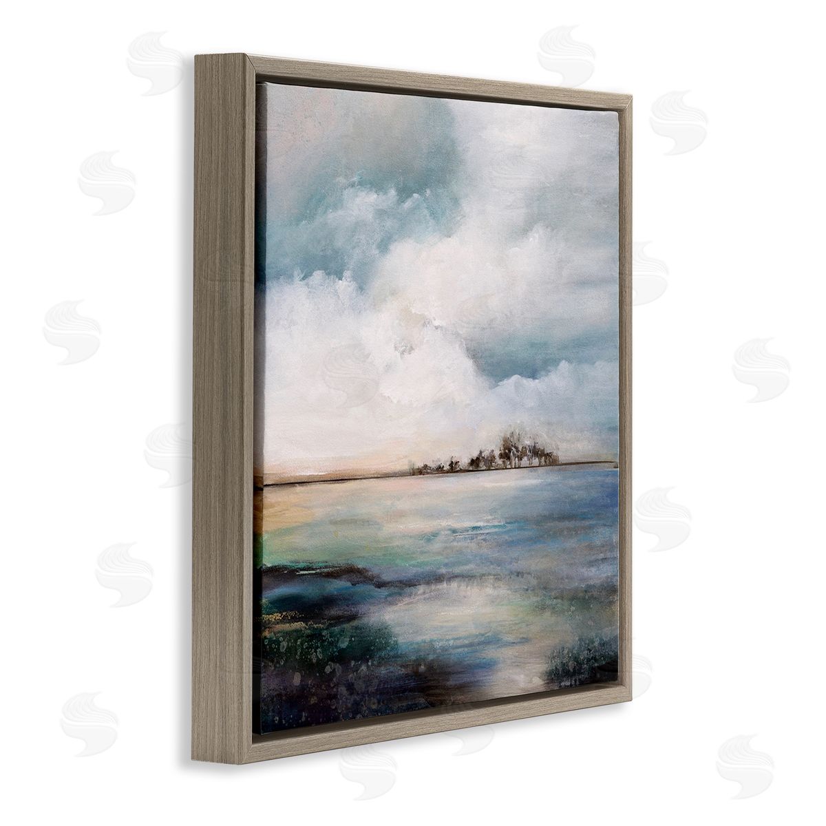 Karen Hale Mellow Island Landscape Deep Dark Waters Cloudy Sky Brown Floating Frame Canvas Wall Art Print