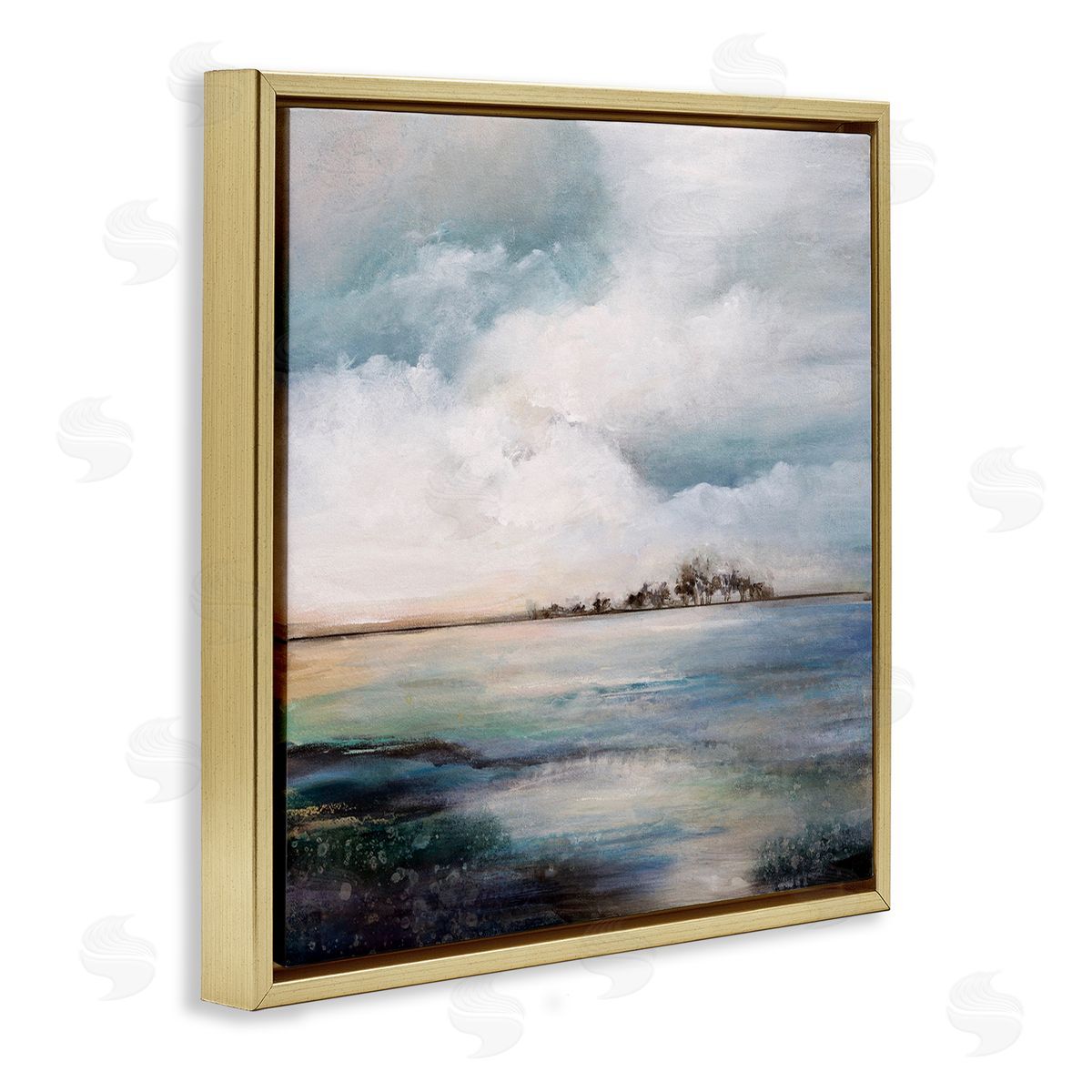 Karen Hale Mellow Island Landscape Deep Dark Waters Cloudy Sky Gold Floating Frame Canvas Wall Art Print