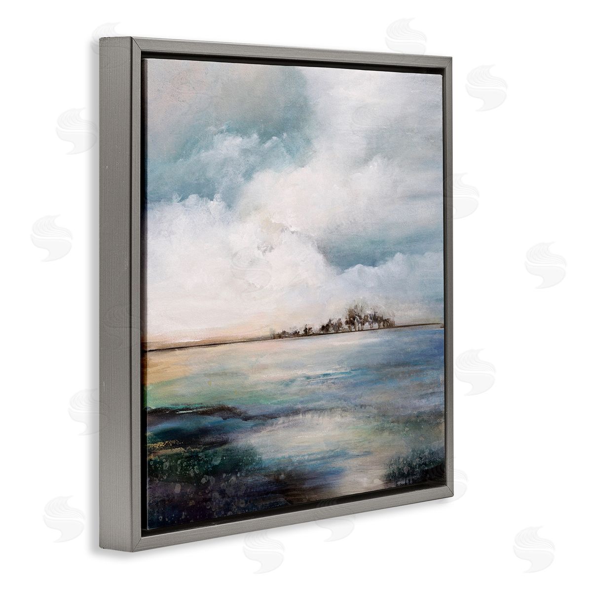 Karen Hale Mellow Island Landscape Deep Dark Waters Cloudy Sky Gray Floating Frame Canvas Wall Art Print