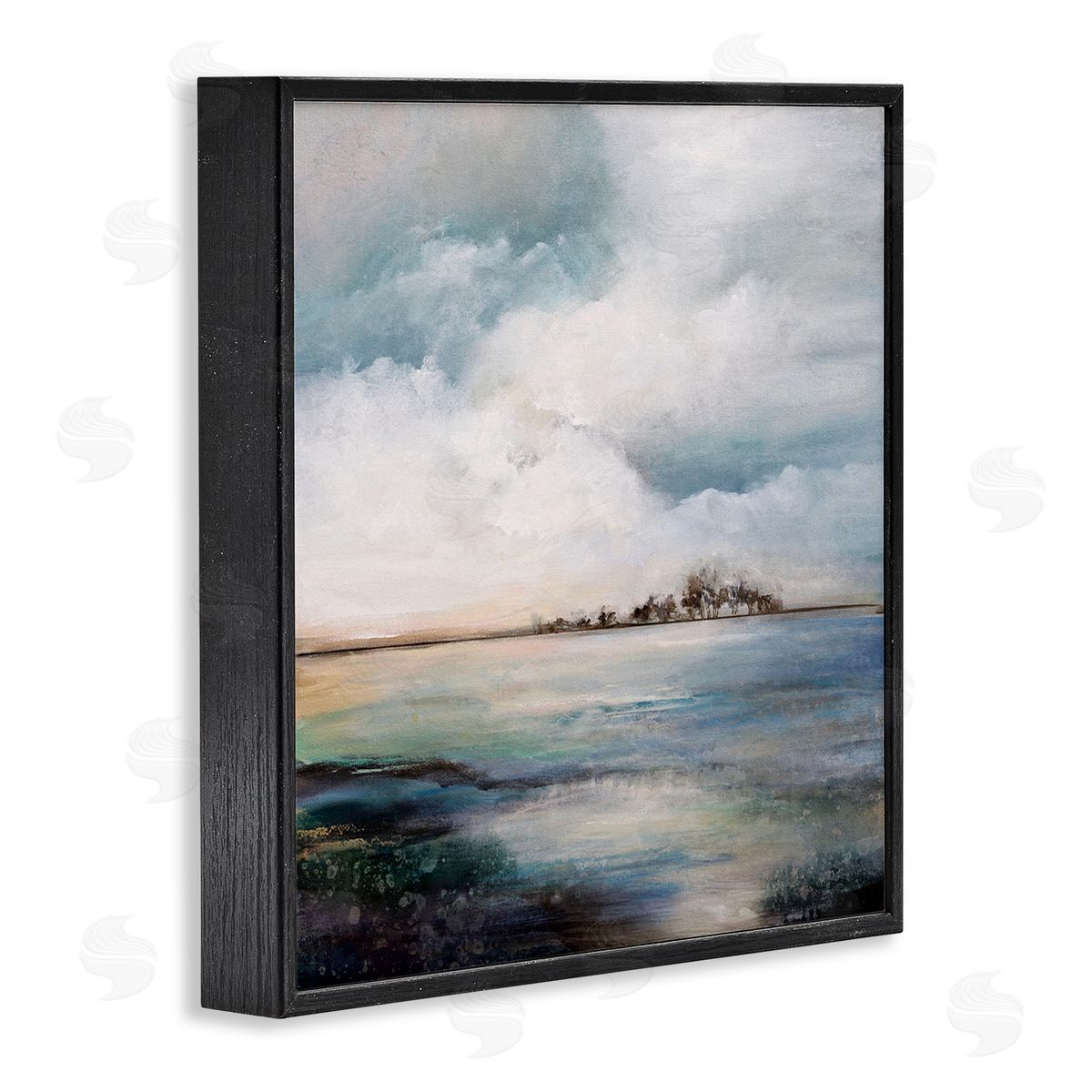 Karen Hale Mellow Island Landscape Deep Dark Waters Cloudy Sky Black Framed Glicee Wall Art Print