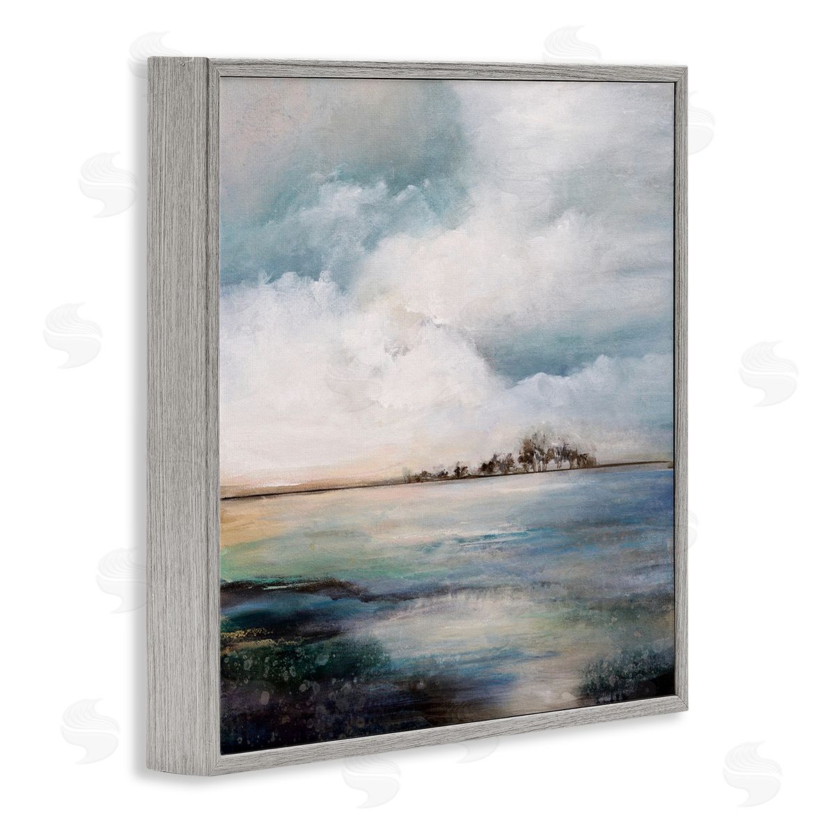 Karen Hale Mellow Island Landscape Deep Dark Waters Cloudy Sky Gray Framed Glicee Wall Art Print
