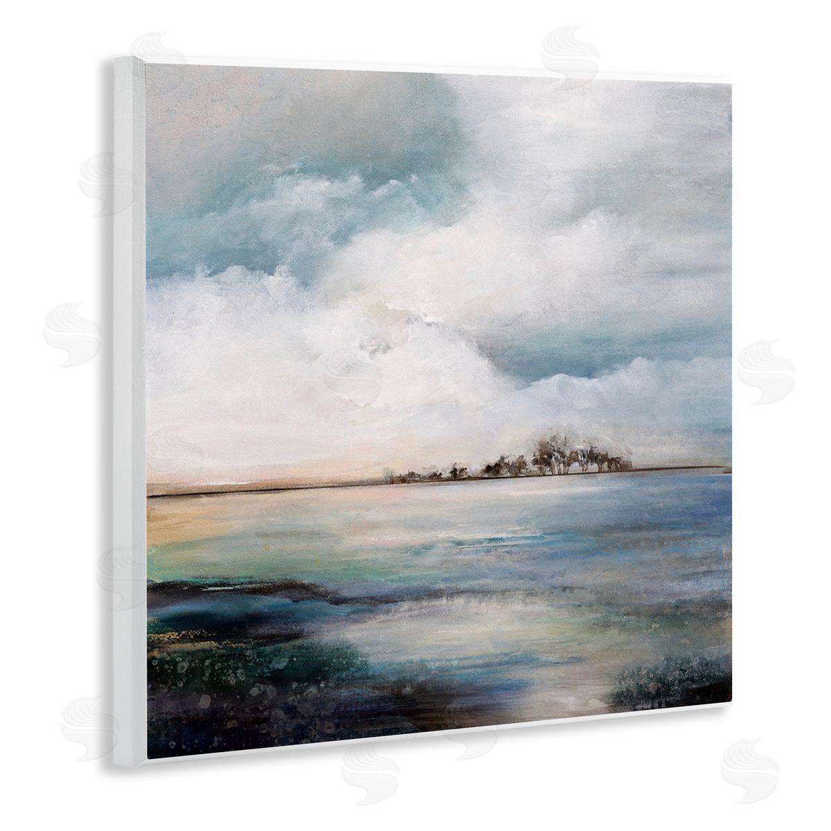 Karen Hale Mellow Island Landscape Deep Dark Waters Cloudy Sky Wooden Wall Plaque Art Print