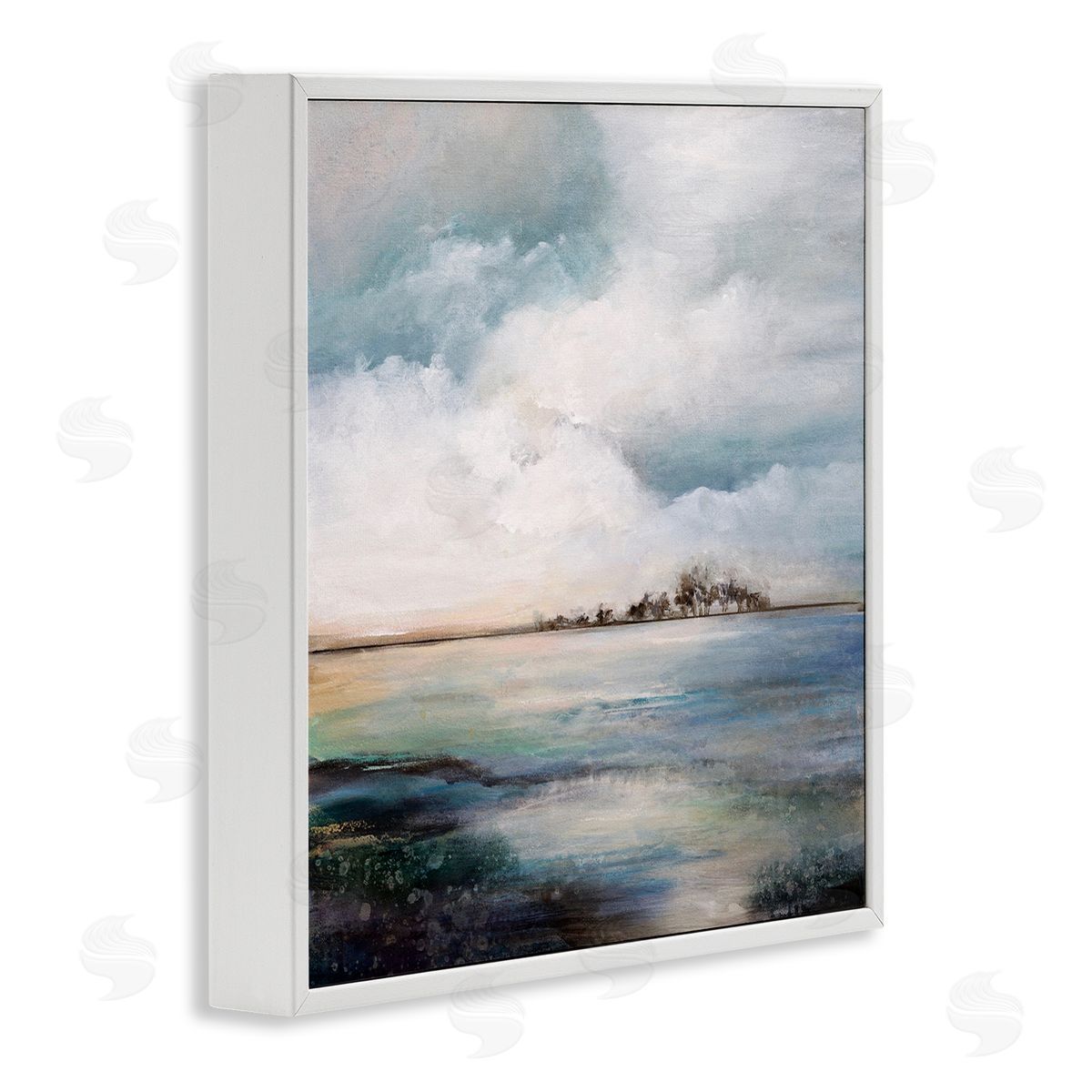 Karen Hale Mellow Island Landscape Deep Dark Waters Cloudy Sky White Framed Glicee Wall Art Print