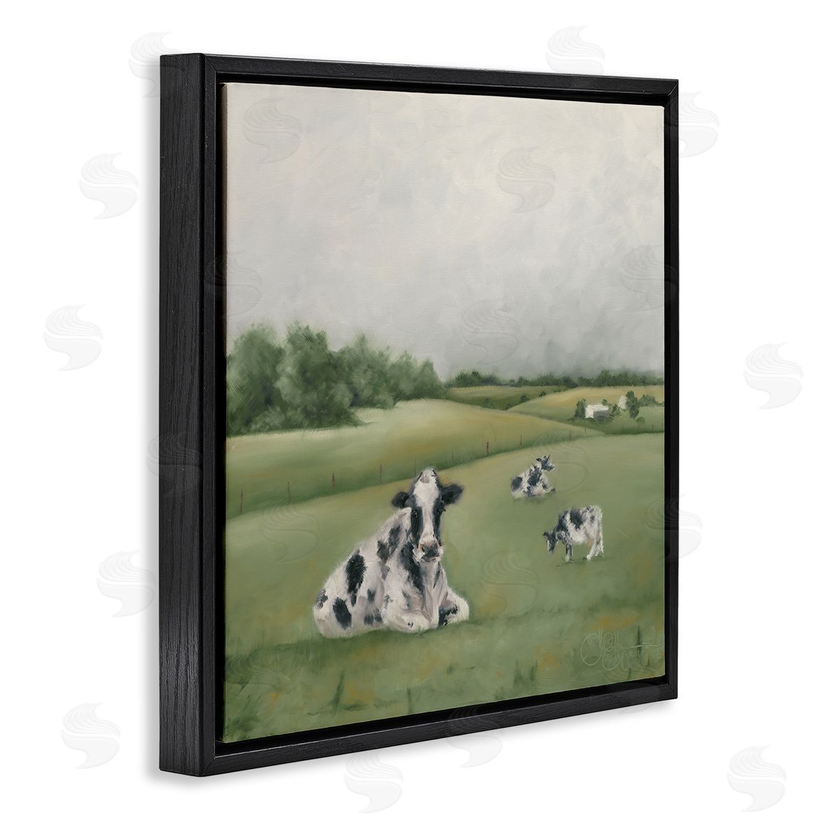Dairy Cows Grazing in Green Field Black Floating Frame Canvas Wall Art, Home Decor by Hollihocks Art
