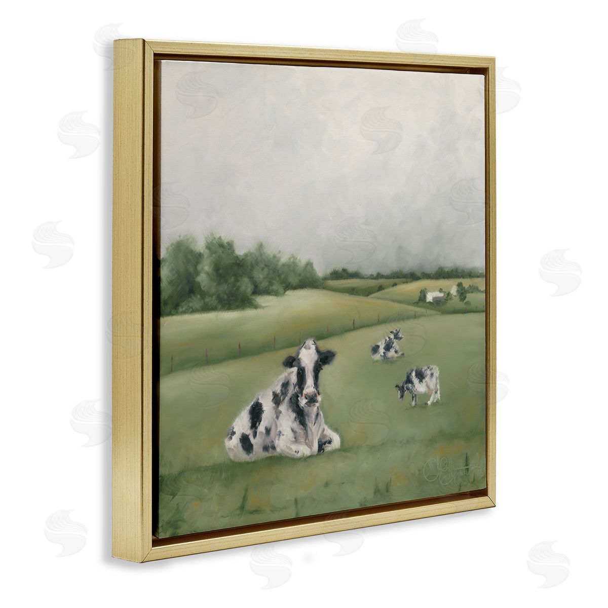 Dairy Cows Grazing in Green Field Gold Floating Frame Canvas Wall Art, Home Decor by Hollihocks Art