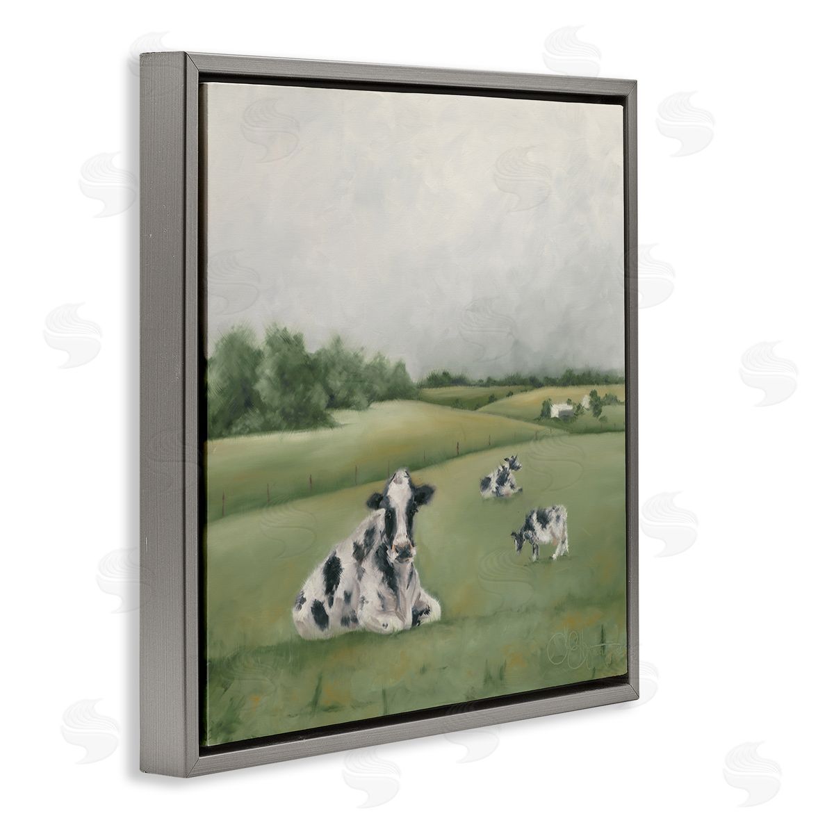 Dairy Cows Grazing in Green Field Grey Floating Frame Canvas Wall Art, Home Decor by Hollihocks Art