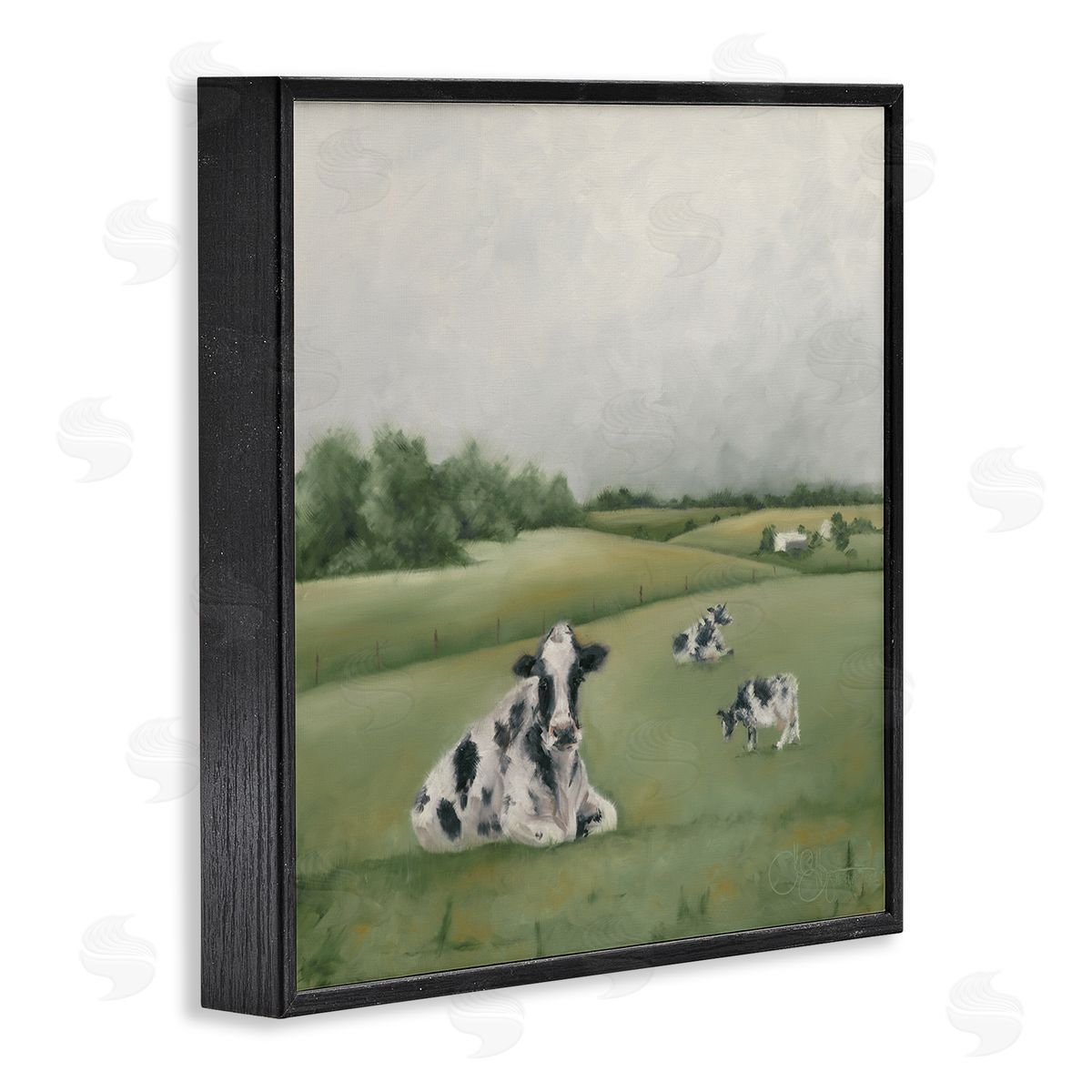 Dairy Cows Grazing in Green Field Black Frame Print Wall Art, Home Decor by Hollihocks Art