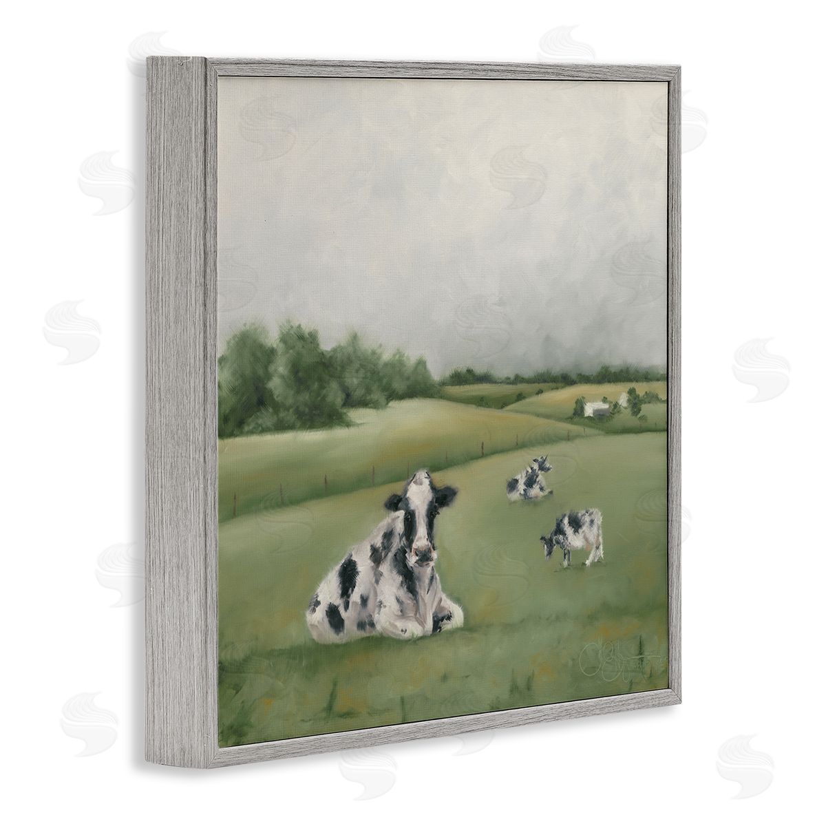 Dairy Cows Grazing in Green Field Grey Frame Print Wall Art, Home Decor by Hollihocks Art
