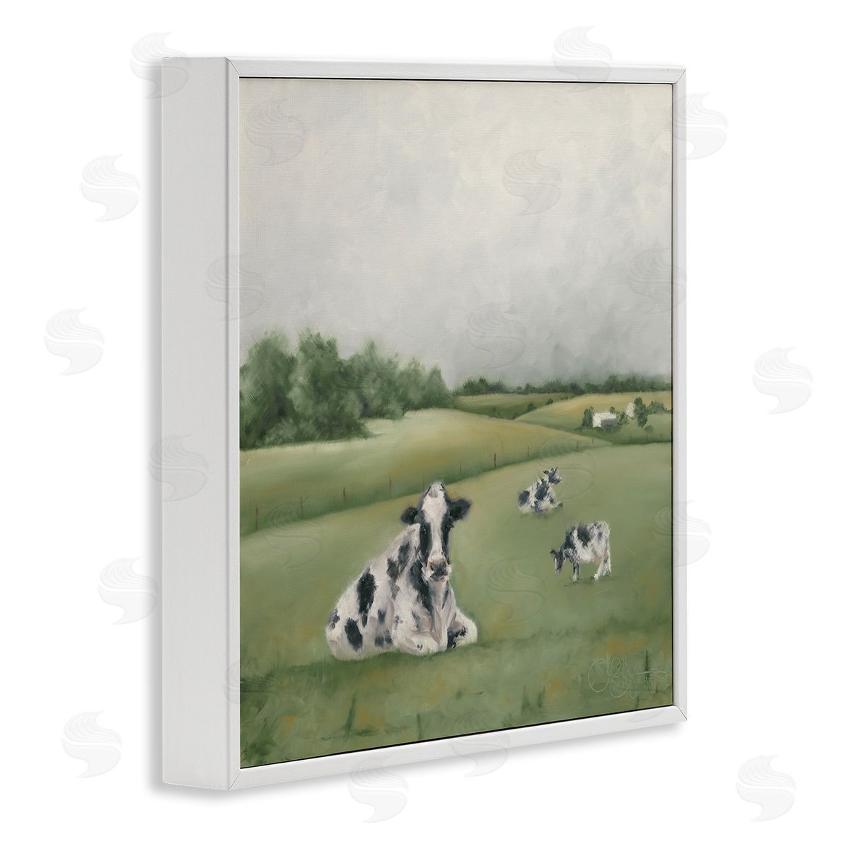 Dairy Cows Grazing in Green Field White Frame Print Wall Art, Home Decor by Hollihocks Art