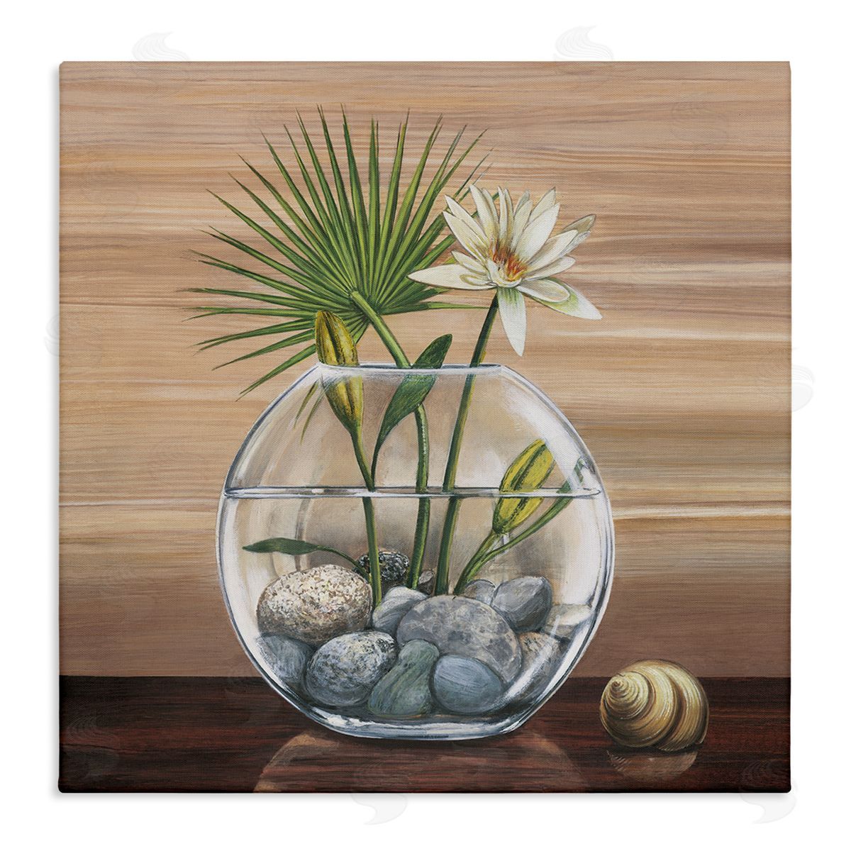 Yuki Ross Lotus and Palm Plant in Rock Vase Still-Life Stretched Canvas Wall Art Print