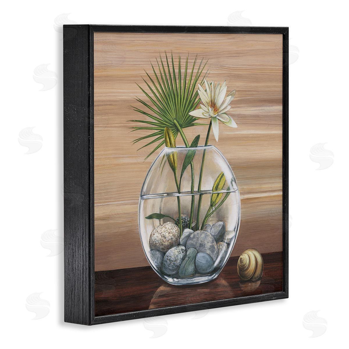 Yuki Ross Lotus and Palm Plant in Rock Vase Still-Life Black Framed Glicee Wall Art Print