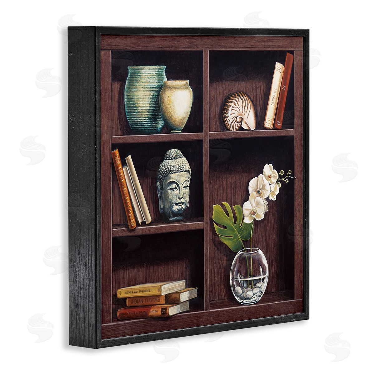 Isabella Rossetti Eastern Culture Inspired Bookshelf with Floral Vase Still-Life Black Framed Glicee Wall Art Print