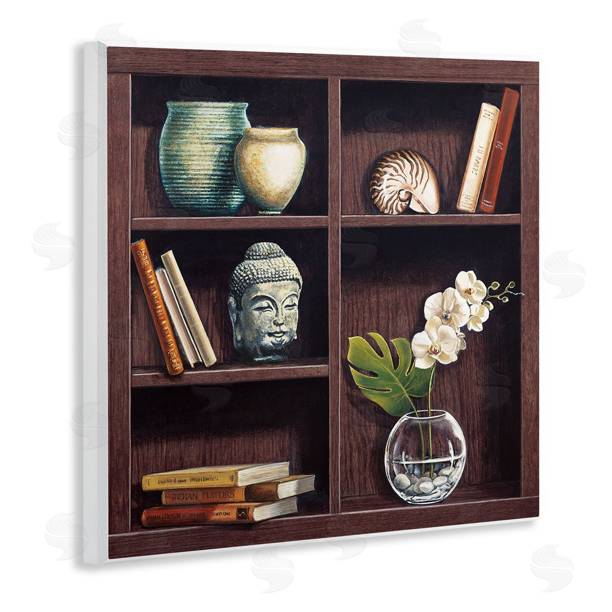 Isabella Rossetti Eastern Culture Inspired Bookshelf with Floral Vase Still-Life Wooden Wall Plaque Art Print