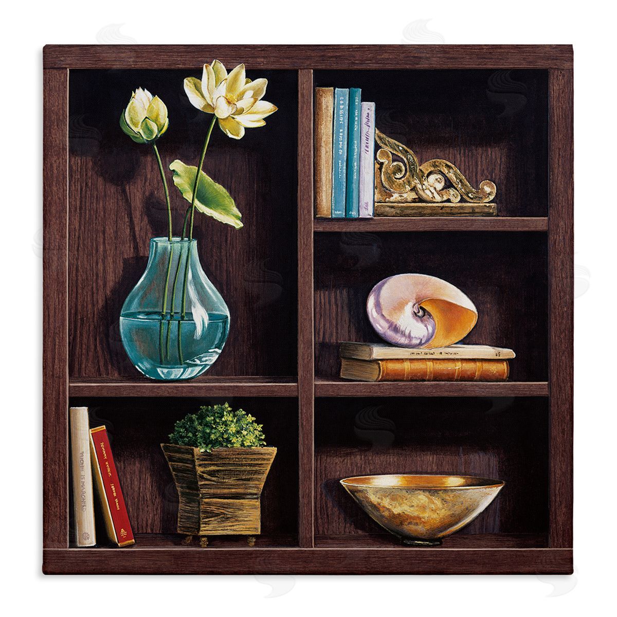 Isabella Rossetti Elegant Bookshelf Still-Life with Lotus Floral Vase Stretched Canvas Wall Art Print