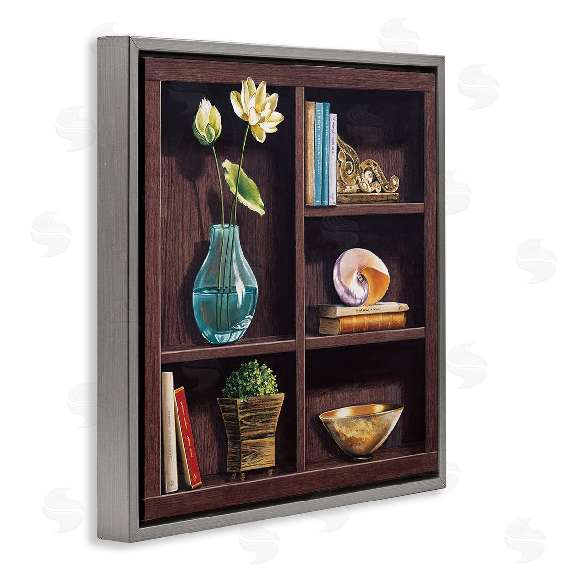 Isabella Rossetti Elegant Bookshelf Still-Life with Lotus Floral Vase Gray Floating Frame Canvas Wall Art Print