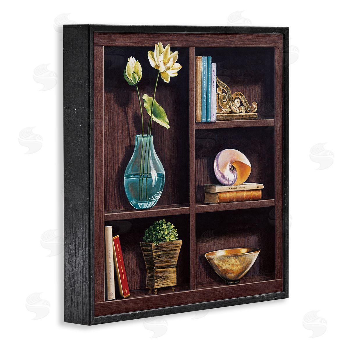 Isabella Rossetti Elegant Bookshelf Still-Life with Lotus Floral Vase Black Framed Glicee Wall Art Print