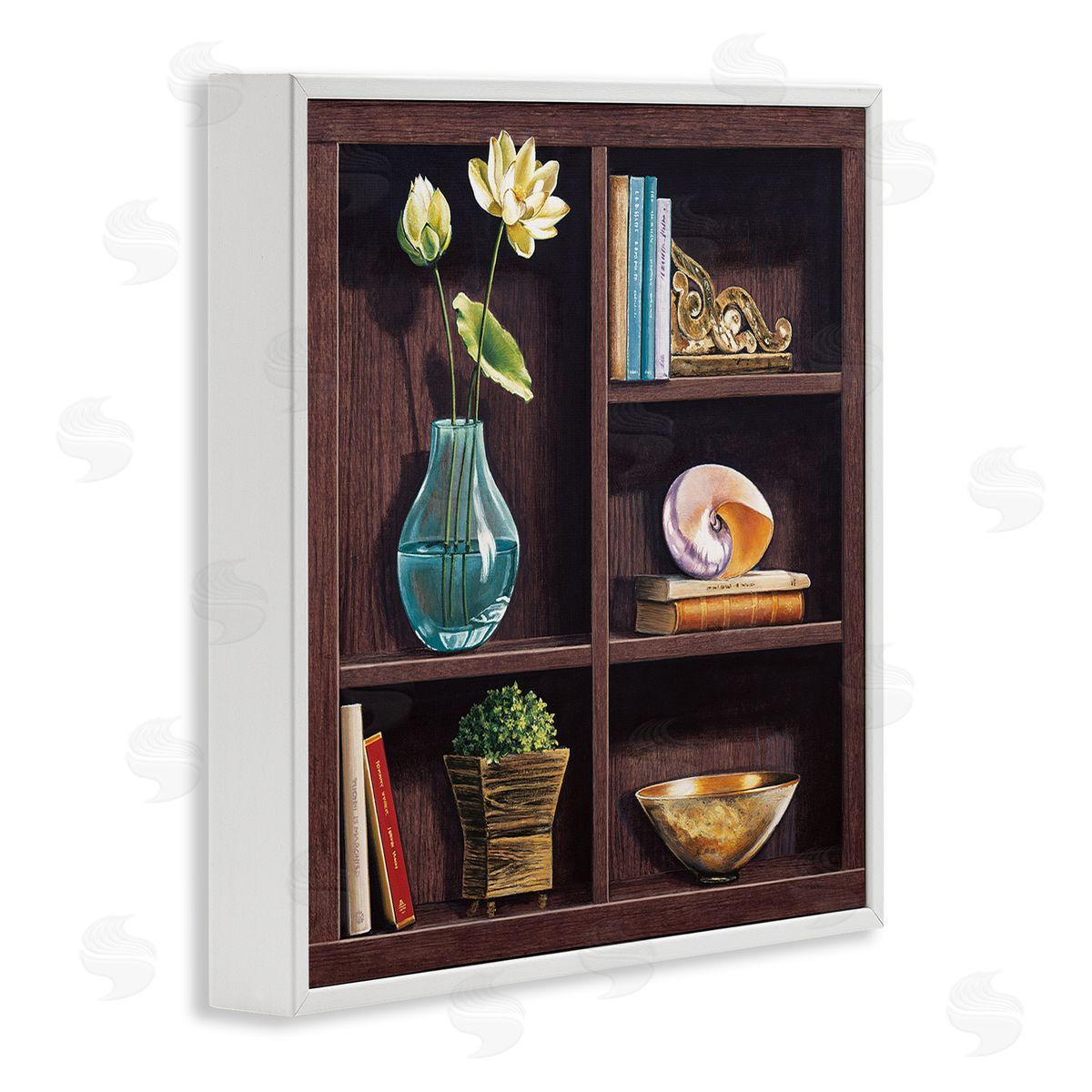 Isabella Rossetti Elegant Bookshelf Still-Life with Lotus Floral Vase White Framed Glicee Wall Art Print