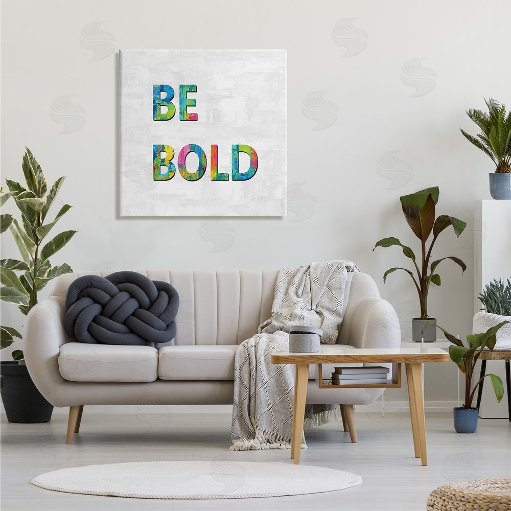 Jamie MacDowell Be Bold Sentiment Abstract Rainbow Typography Blue Green Canvas Wall Art in Room