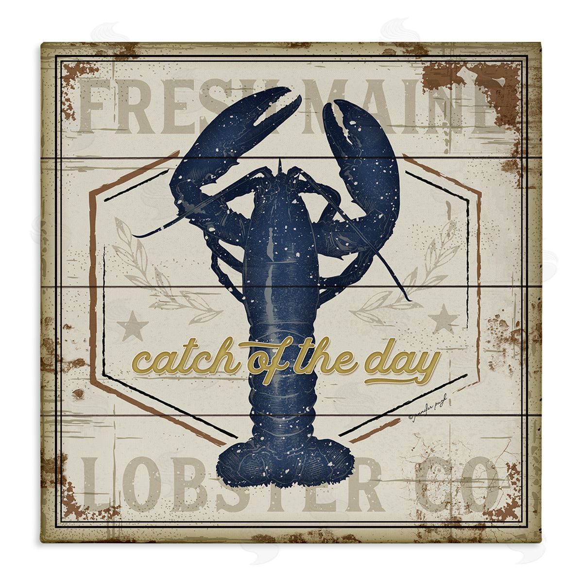 Jennifer Pugh Catch of the Day Vintage Blue Lobster Plank Pattern Stretched Canvas Wall Art Print