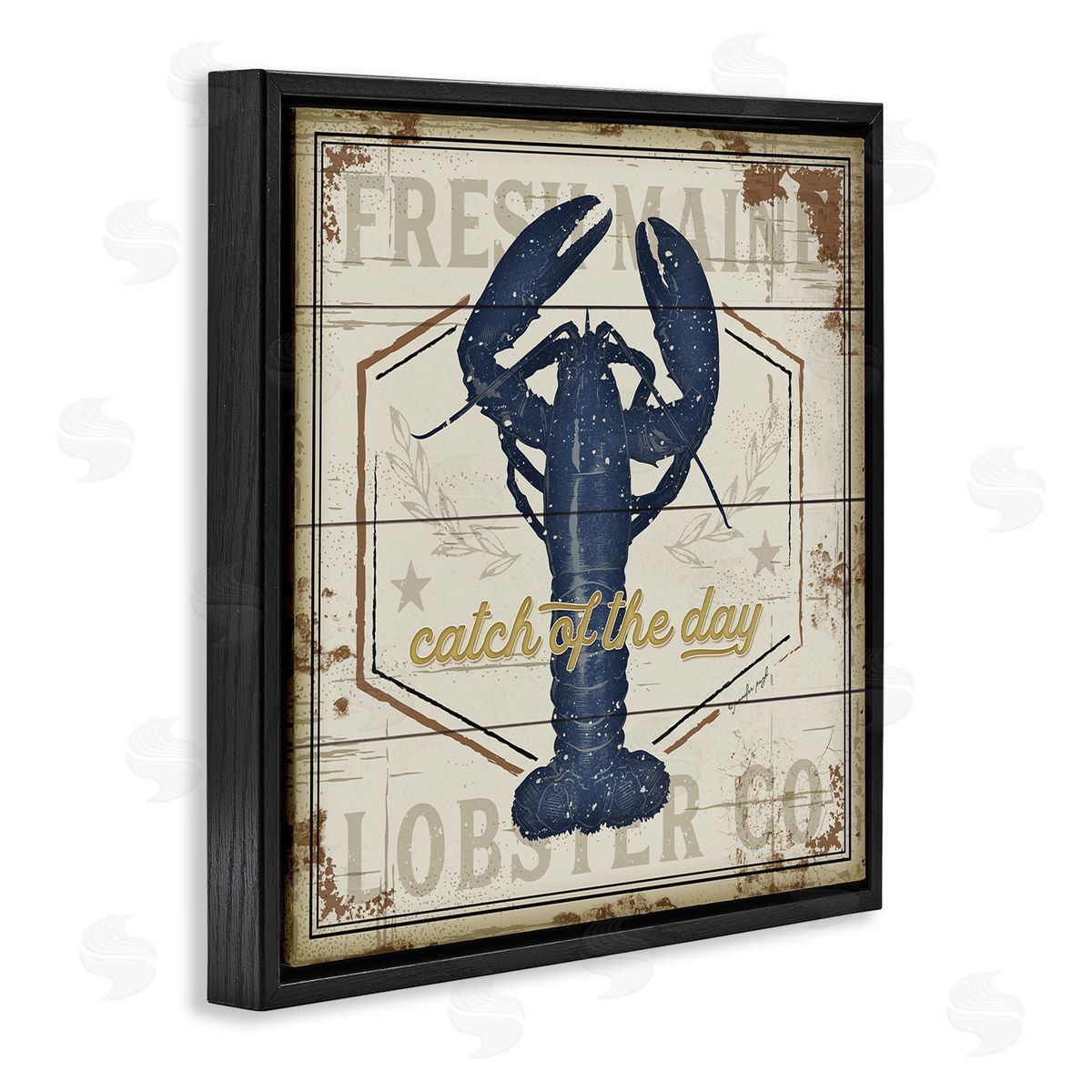 Jennifer Pugh Catch of the Day Vintage Blue Lobster Plank Pattern Black Floating Frame Canvas Wall Art Print