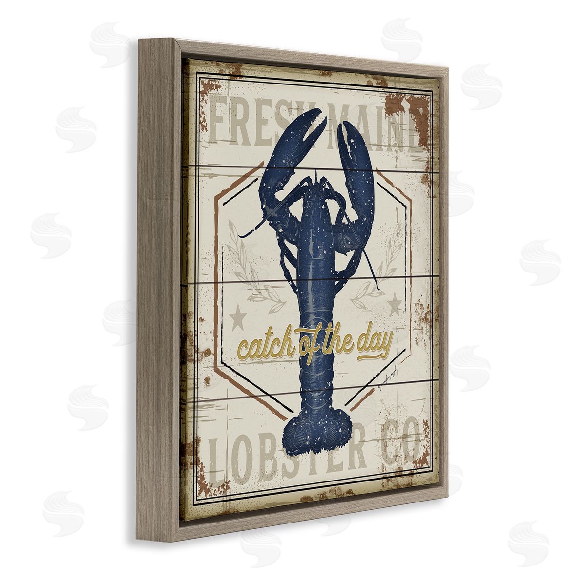 Jennifer Pugh Catch of the Day Vintage Blue Lobster Plank Pattern Brown Floating Frame Canvas Wall Art Print