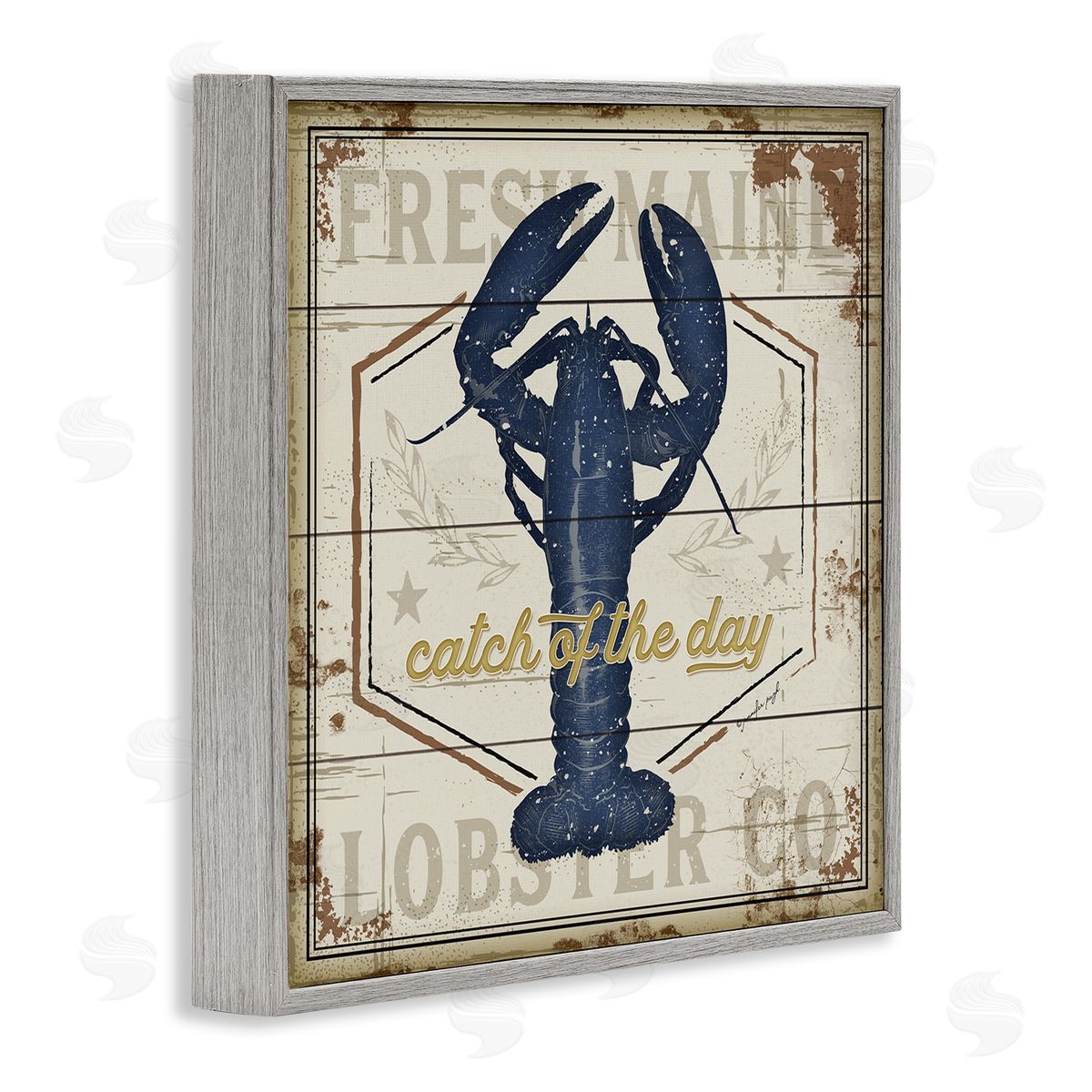 Jennifer Pugh Catch of the Day Vintage Blue Lobster Plank Pattern Gray Framed Glicee Wall Art Print