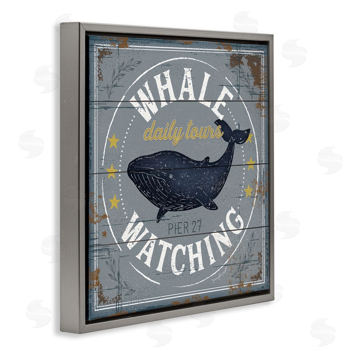 Jennifer Pugh Whale Watching Tours Sign Rustic Blue Marine Life Gray Floating Frame Canvas Wall Art Print