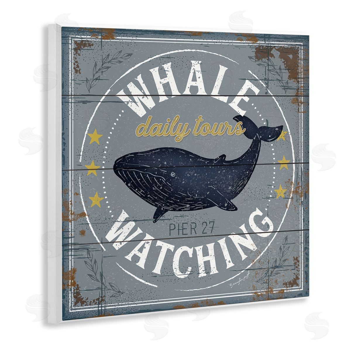 Jennifer Pugh Whale Watching Tours Sign Rustic Blue Marine Life Wooden Wall Plaque Art Print