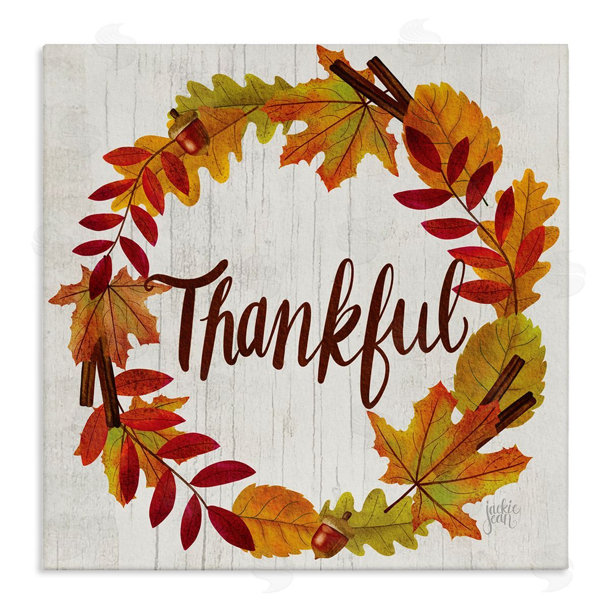 Jackie Quigley Autumn Tree Leaf Wreath Thankful Sentiment Home Sign Stretched Canvas Wall Art Print