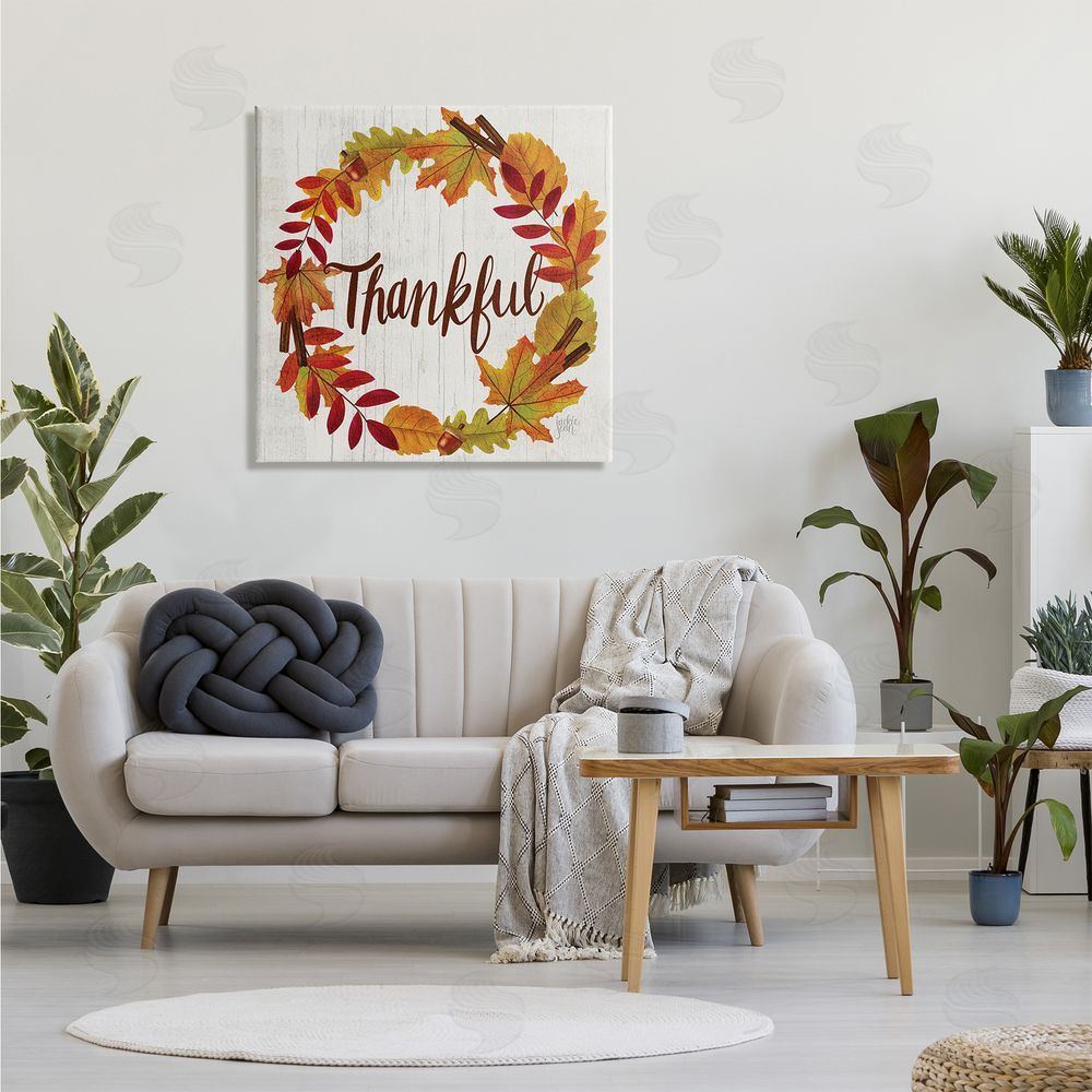 Jackie Quigley Autumn Tree Leaf Wreath Thankful Sentiment Home Sign Canvas Wall Art in Room