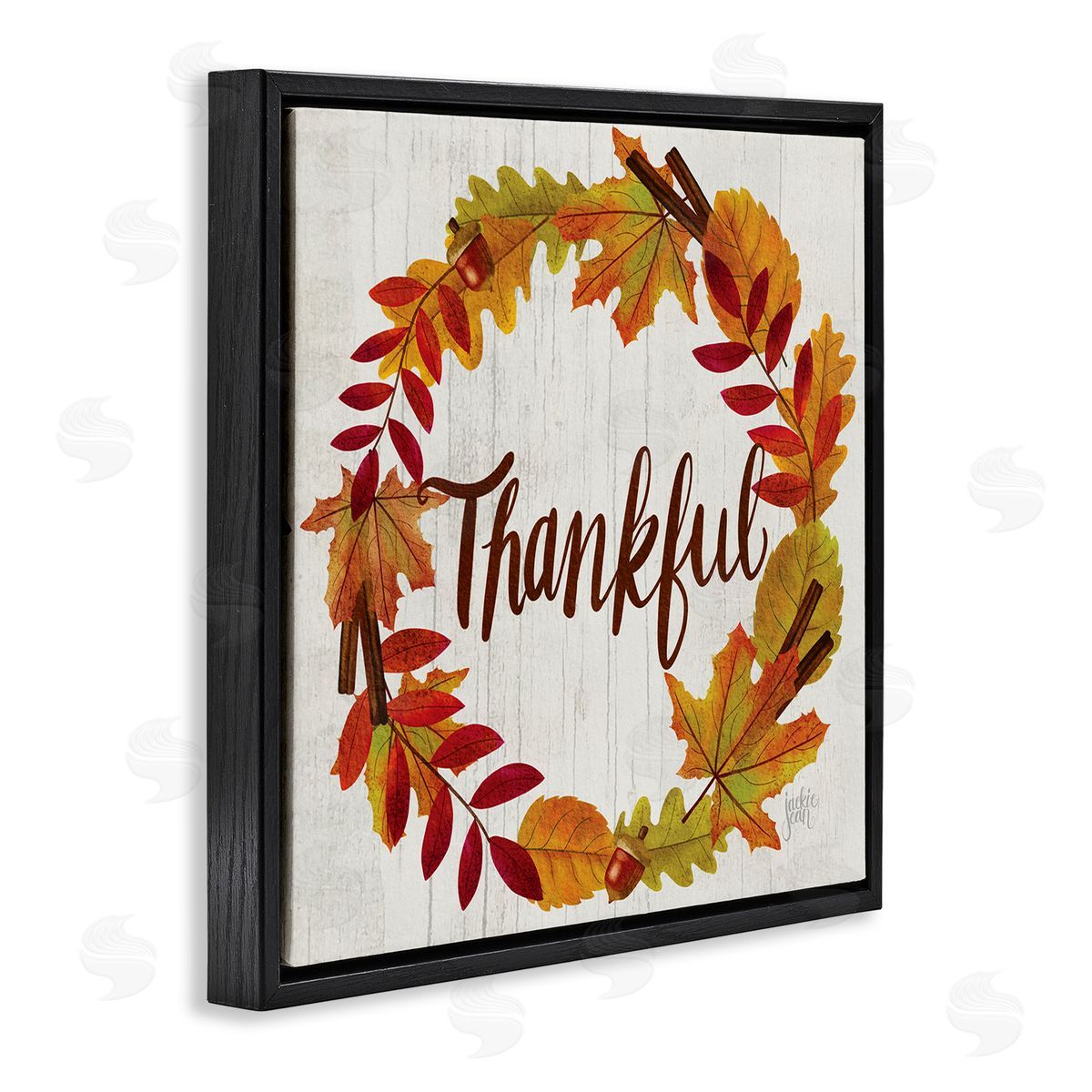 Jackie Quigley Autumn Tree Leaf Wreath Thankful Sentiment Home Sign Black Floating Frame Canvas Wall Art Print