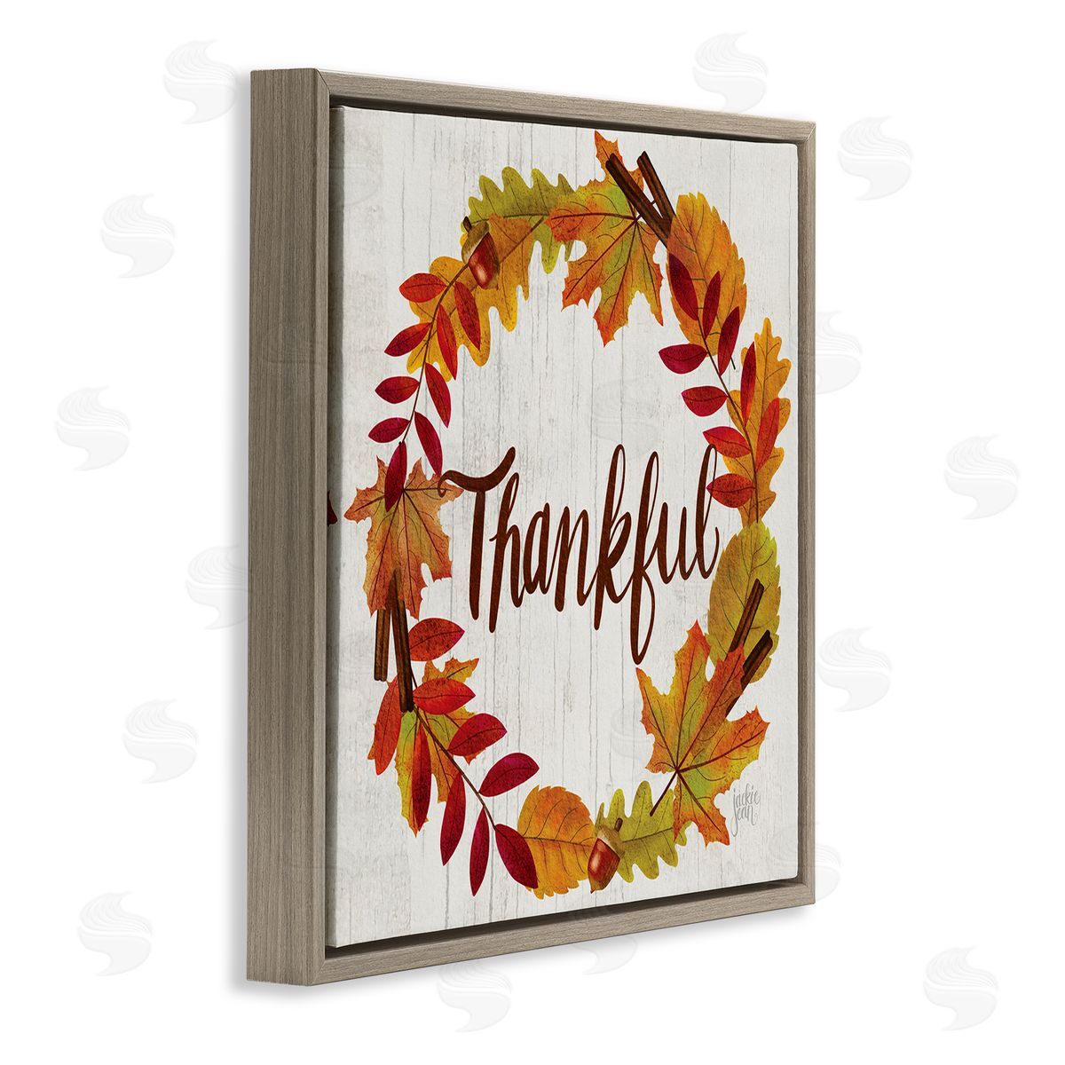 Jackie Quigley Autumn Tree Leaf Wreath Thankful Sentiment Home Sign Brown Floating Frame Canvas Wall Art Print