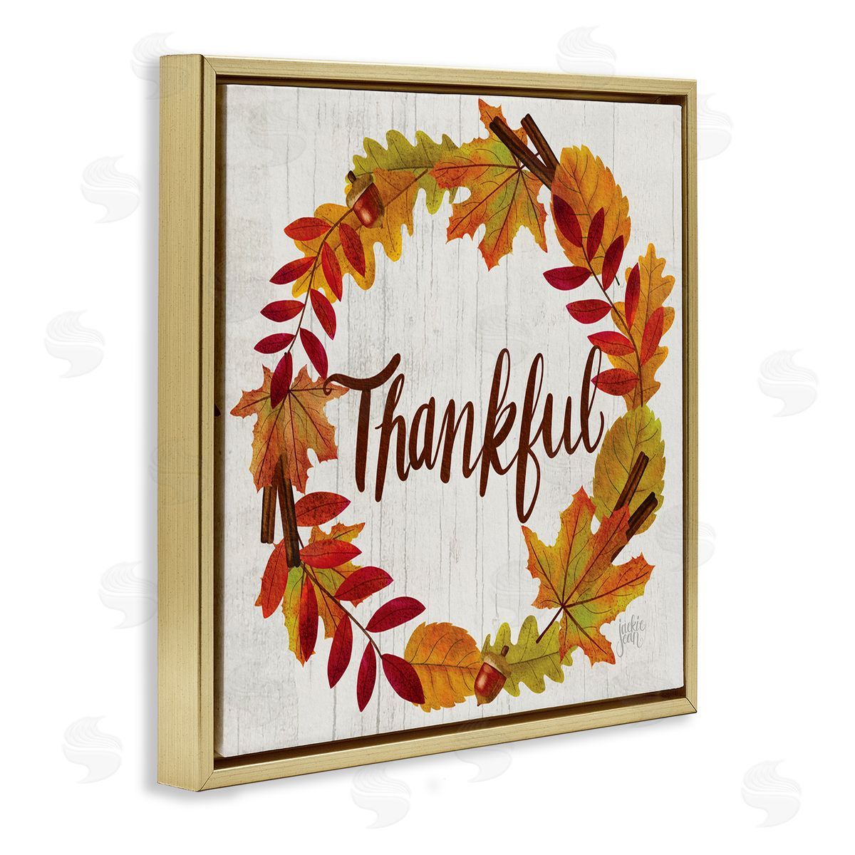 Jackie Quigley Autumn Tree Leaf Wreath Thankful Sentiment Home Sign Gold Floating Frame Canvas Wall Art Print