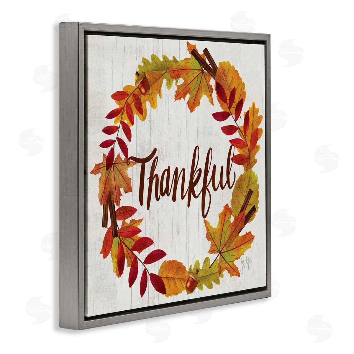 Jackie Quigley Autumn Tree Leaf Wreath Thankful Sentiment Home Sign Gray Floating Frame Canvas Wall Art Print