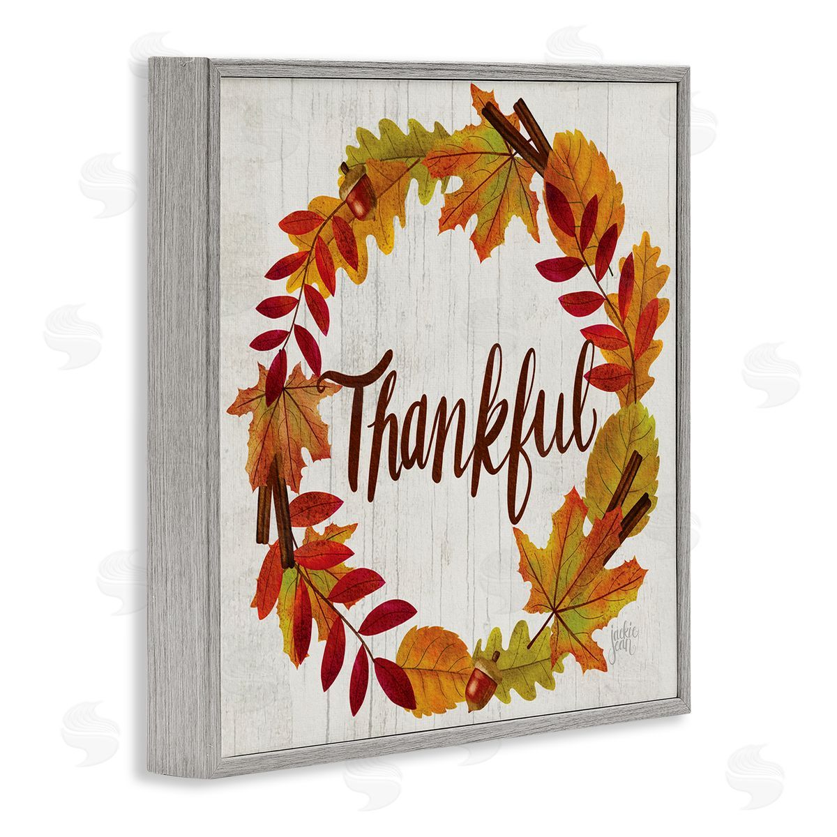 Jackie Quigley Autumn Tree Leaf Wreath Thankful Sentiment Home Sign Gray Framed Glicee Wall Art Print