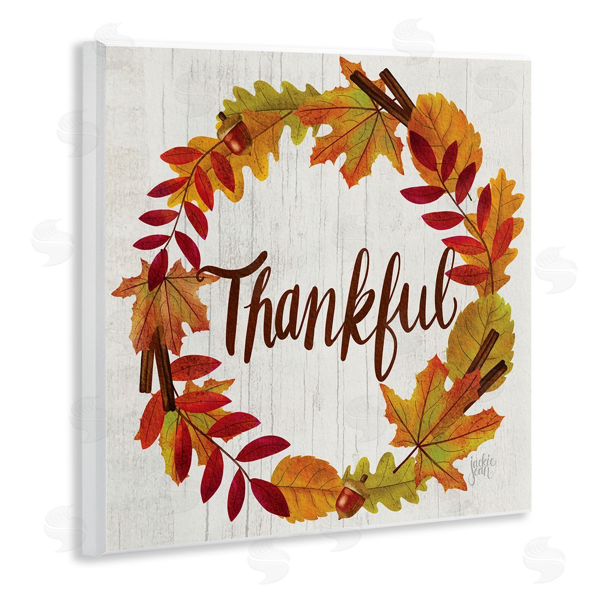 Jackie Quigley Autumn Tree Leaf Wreath Thankful Sentiment Home Sign Wooden Wall Plaque Art Print