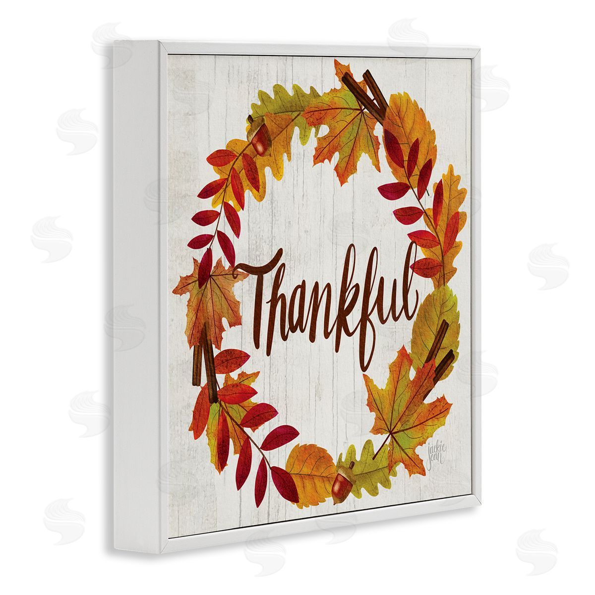 Jackie Quigley Autumn Tree Leaf Wreath Thankful Sentiment Home Sign White Framed Glicee Wall Art Print
