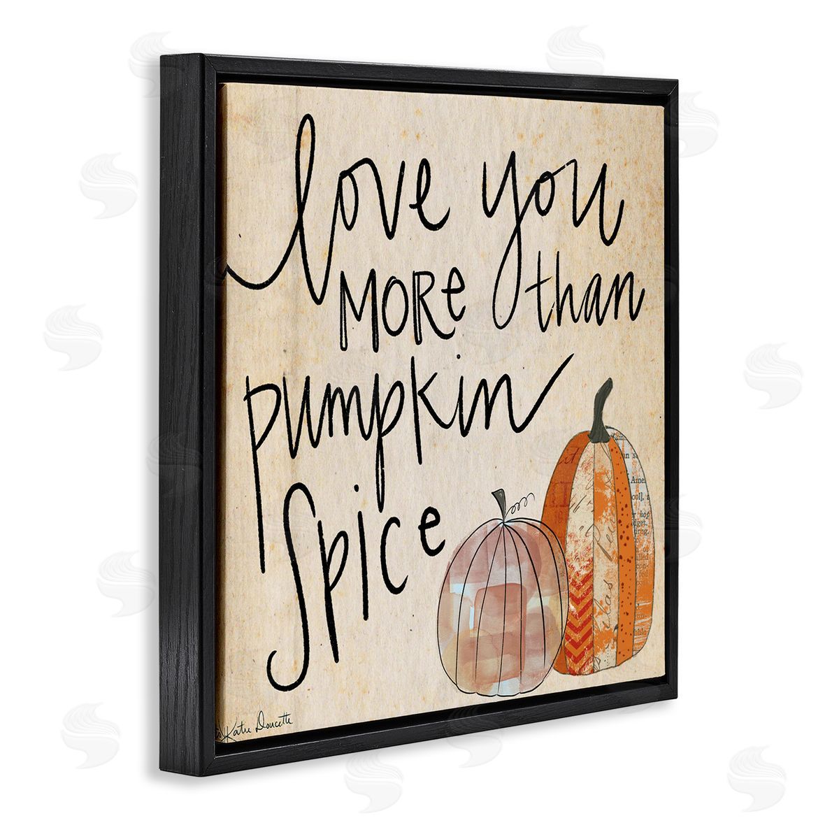 Katie Doucette Love You More Than Pumpkin Spice Phrase Patterned Gourds Black Floating Frame Canvas Wall Art Print