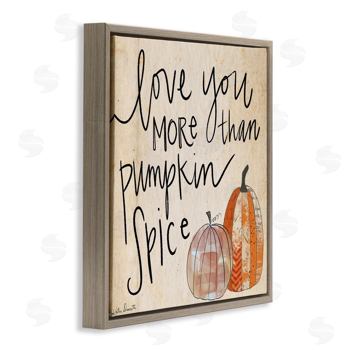 Katie Doucette Love You More Than Pumpkin Spice Phrase Patterned Gourds Brown Floating Frame Canvas Wall Art Print