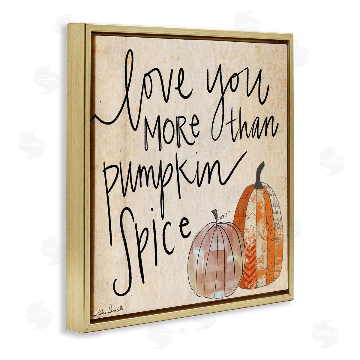 Katie Doucette Love You More Than Pumpkin Spice Phrase Patterned Gourds Gold Floating Frame Canvas Wall Art Print