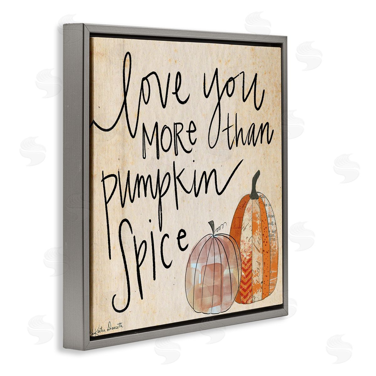 Katie Doucette Love You More Than Pumpkin Spice Phrase Patterned Gourds Gray Floating Frame Canvas Wall Art Print