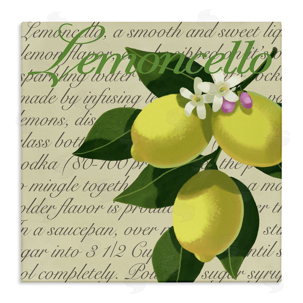 Sally Springer Griffith Lemoncello Text Blooming Floral Lemon Branch Traditional Script Stretched Canvas Wall Art Print