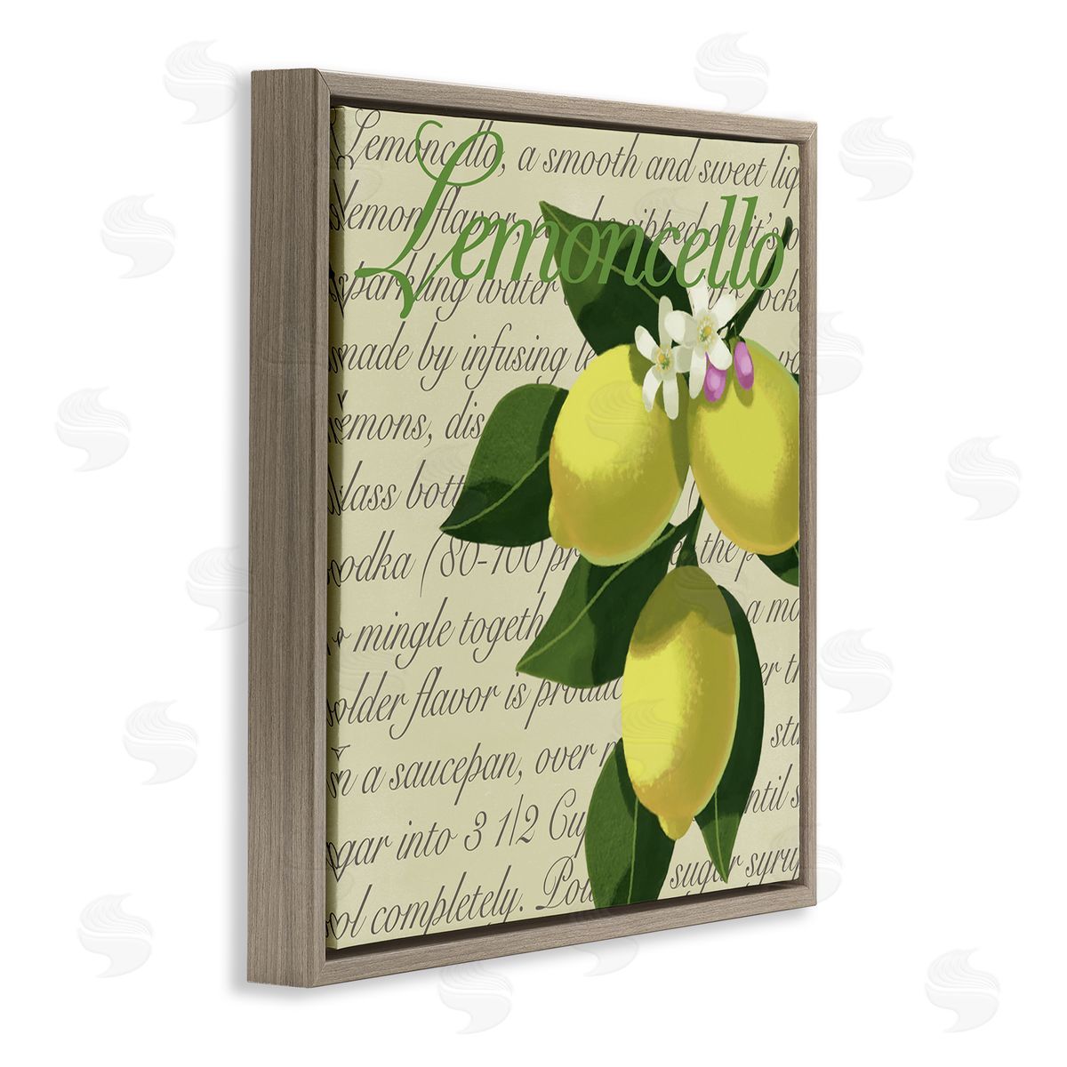 Sally Springer Griffith Lemoncello Text Blooming Floral Lemon Branch Traditional Script Brown Floating Frame Canvas Wall Art Print