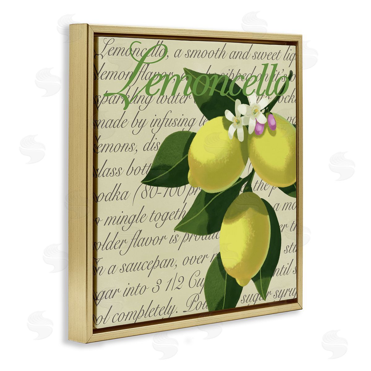 Sally Springer Griffith Lemoncello Text Blooming Floral Lemon Branch Traditional Script Gold Floating Frame Canvas Wall Art Print