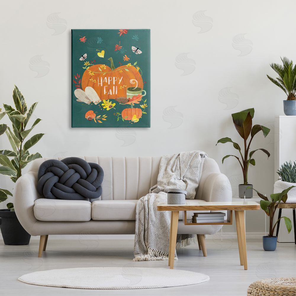 Laura Watson Happy Fall Greeting Plump Orange Pumpkin Festive Moths