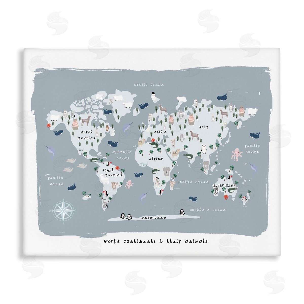 Leah Straatsma World Continents and Regional Animals Map Soft Blue