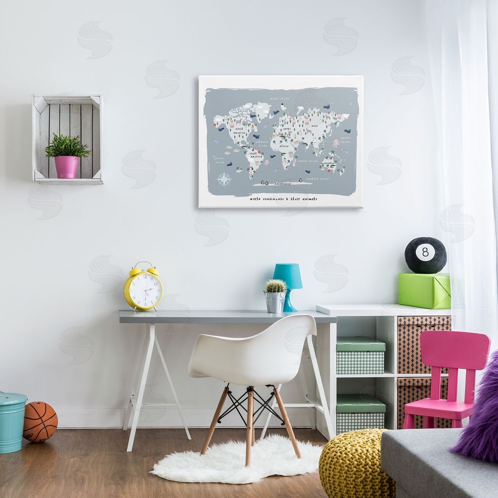 Leah Straatsma World Continents and Regional Animals Map Soft Blue